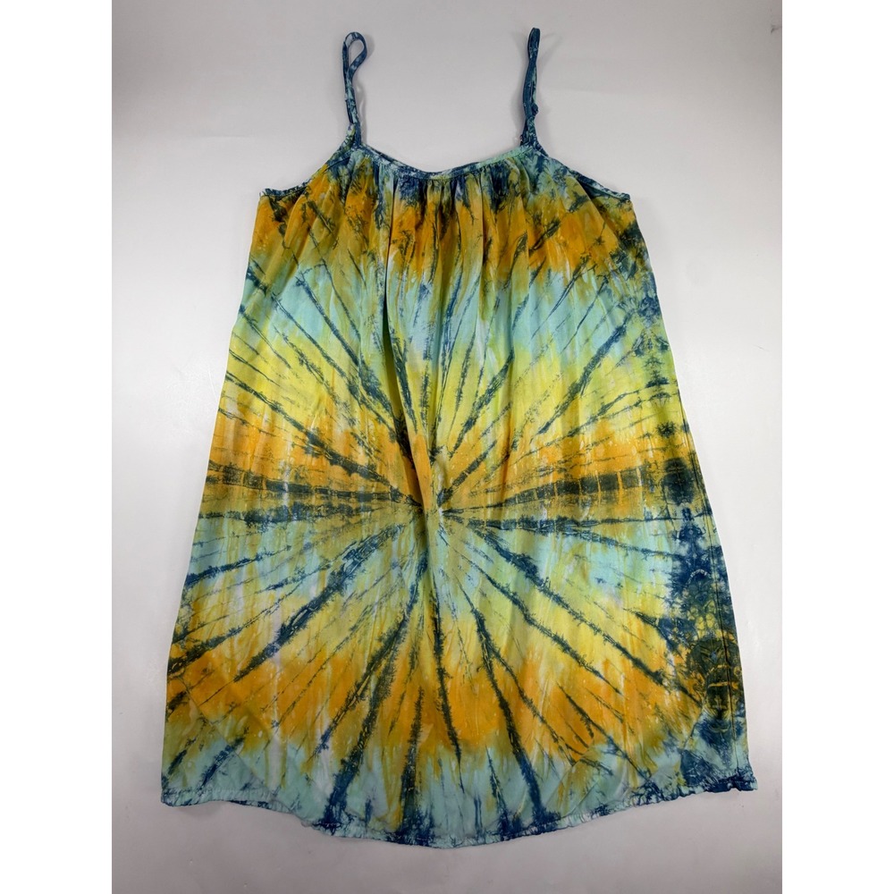 Santiki Womens XL Tie Dye Sunburst Rayon Dress Yellow Blue Green Summer Boho